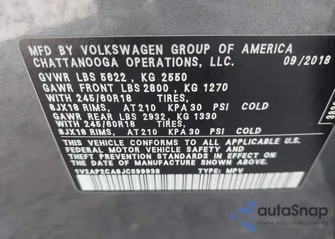 2018 Volkswagen Atlas 2.0T S from USA, damaged, VIN 1V2AP2CA8JC599938
